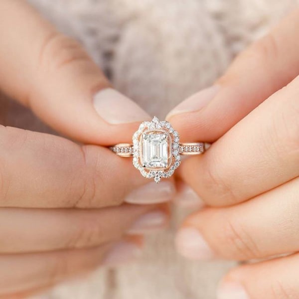 Roseguldpläterad zirkon fyrkantig diamantprinsessring förlovningsring för kvinnor RoseGold US SIZE 5