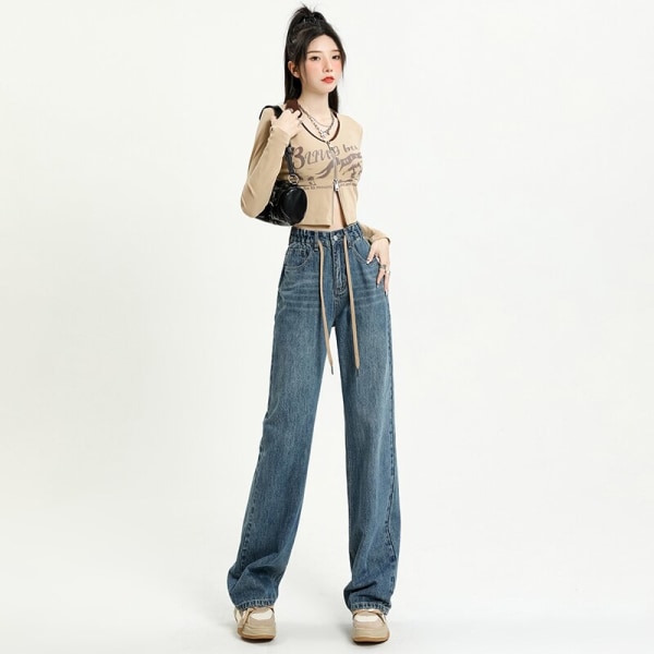FINORD Vintage lösa jeans med hög midja koreanska streetwear jeans med vida ben Casual hellängd blå tvättade jeansbyxor Blue S