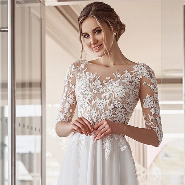 Applikationer A-linje V-ringad Bröllopsklänning För Kvinnor 2023 Brudklänningar Knapp Elegant Spets vestido de noiva robe de mariée white 12