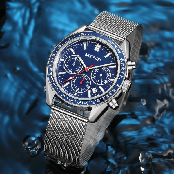 MEGIR Business Watch Rostfritt stål Mesh Bälte Quartz Watches Lyx Mode Man Armbandsur Kalenderklocka Reloj Hombre 8105 BlackSilver