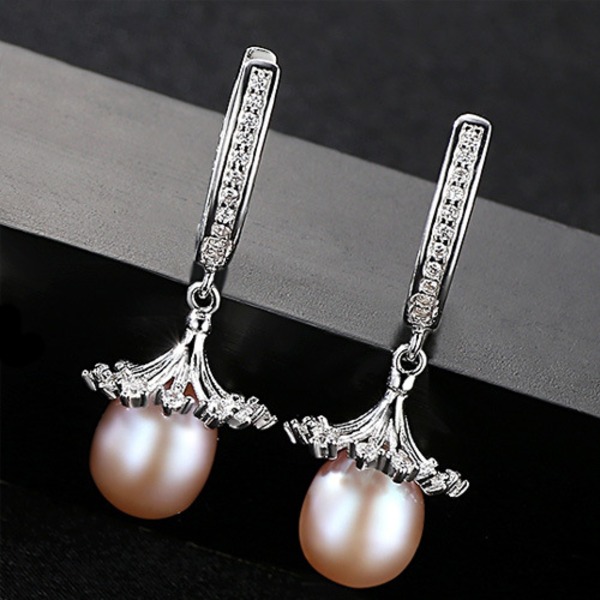 Sötvattenspärlörhängen i elegant S925 silver med zirkonstenar för kvinnor Pink freshwater pearl 925 Silver