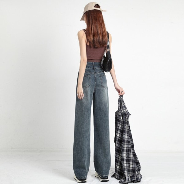 FINORD Vår Hög midja koreansk Casual Jeans med breda ben Dam Streetwear Lösa raka jeans tvättade Vintage Punk Mom Jeans Skyblue M