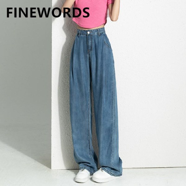 FINORD Vintage mjuka jeans med vida ben Dam koreanska Casual Streetwear Harajuku Baggy jeans Hög midja massiva raka jeansbyxor Blue L