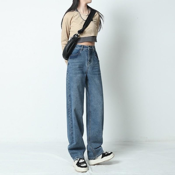 FINORD Tvättade koreanska jeans med vida ben Kvinnor Hög midja Lös Klassisk Blå Vintage Mom Jeans Casual Denim Pantalon Jean Femme Blue XXL
