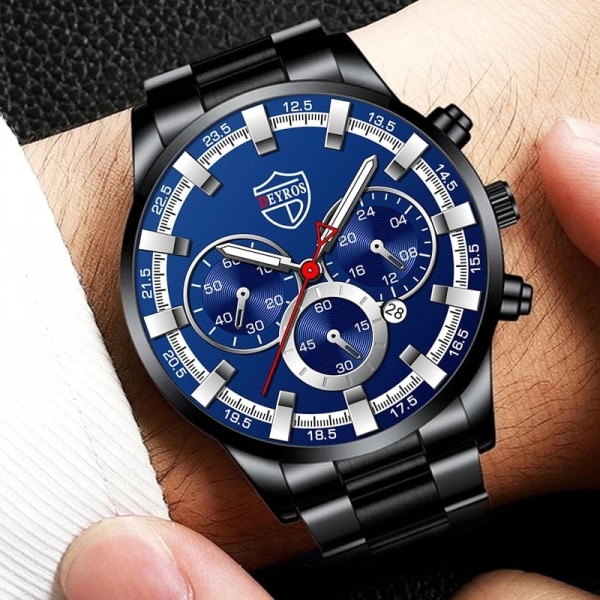 Watch i rostfritt stål Män Elegant armbandsur Quartz Business Manklockor För män Klassisk Noble Clock Mode Lysande Leather Silver Blue