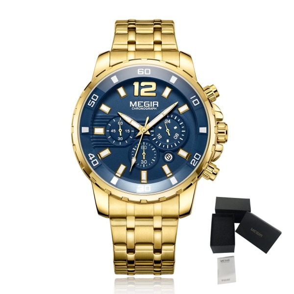MEGIR Militärklockor i rostfritt stål för män Luxury Quartz Business Armbandsur Lysande Vattentät Date Clock Chronograph 2068 Gold