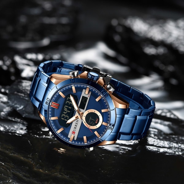 CURREN Mode Sport Blå Digitala klockor för män med kronograf i rostfritt stål Luminou Armbandsur LED Watch för män blue box