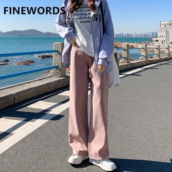 FINORD Vintage Winter Thicken Pink Jeans Dam Korean Streetwear Jeans med breda ben Hög midja Harajuku Loose Washed Denim Byxor Pink M