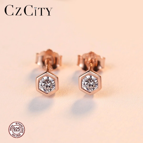 Små geometriska Cubic Zirconia örhängen för kvinnor Rose Gold Färg Sterling Silver 925 Hexagon örhängen Smycken White