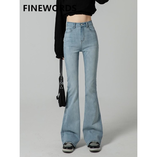 FINORD Tvättad hög midja Vintage Casual Flare Jeans Dam Koreanska Skinny Push Up Jeans Slim Stretch Bell Bottom jeansbyxor Blue L