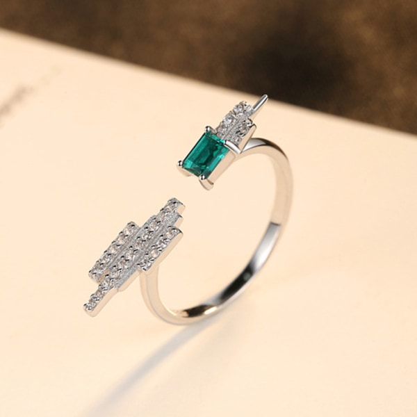 S925 Sterling Silver Ring med Lab Skapad ädelsten Emerald Opening adjustable