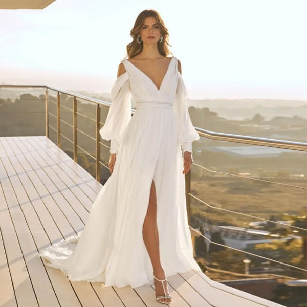 Bröllopsklänningar med V-hals för kvinnor 2023 Brud Moderna Långärmade Brudklänningar Vestido De Casamento Med Sweep Train ivory 12
