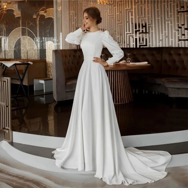 Enkla mjuka bröllopsklänningar i satäng för kvinnor 2023 O-hals långa ärmar Muslimska Sweep Train Brudklänningar Vestido De Noiva Plus Size ivory 14
