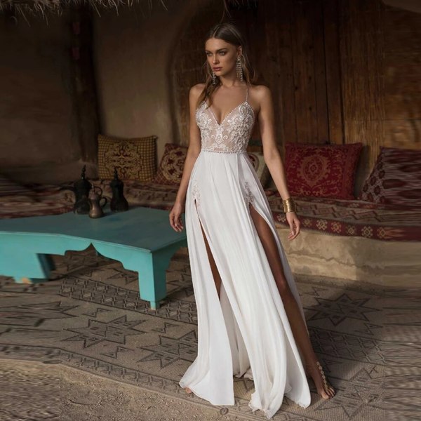 Boho Bröllopsklänning Side Slit Strand Bröllopsklänning V-ringad Brudklänning Spaghetti Remmar Ogräsklänningar Vestido De Noiva White 10