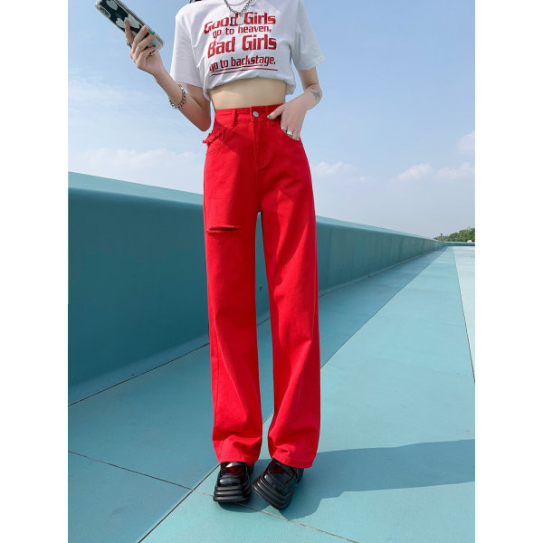 FINORD Rak Casual Vintage Solid Baggy Ripped Jeans Dam Koreanska Jeans med vida ben Streetwear Punk jeansbyxor med hög midja Red M