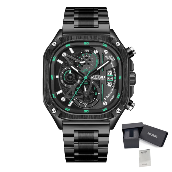 MEGIR Lyx Herr Klockor i rostfritt stål Modemärke Business Quartz Armbandsur Date Luminous Man Chronograph Casual Clock Black