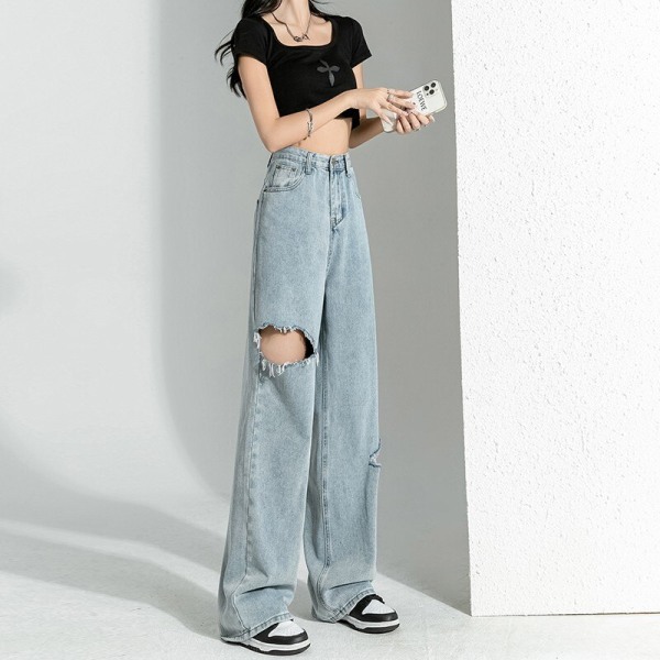 FINORD Hög midja Bred ben slitna svarta jeans Kvinnor Koreanska Casual Streetwear Hip Hop jeans Vintage Big Hole Loose Denim Byxor Blue L