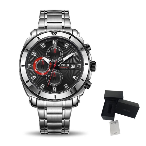 MEGIR Chronograph Quartz Watch Lyxmärke i rostfritt stål Business Armbandsur Man Klocka Timtid Relogio Masculino Black