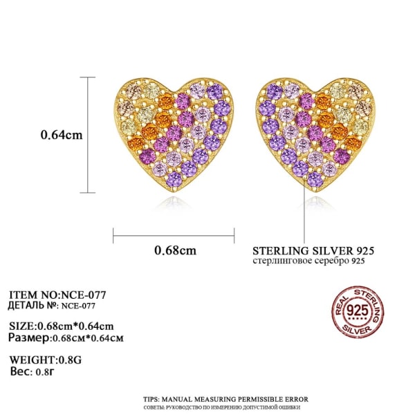 Rainbow Heart Stud örhängen för kvinnor Flickor Tiny CZ Stone 925 Silver Fine Smycken Dating Boucle D'Oreille Femme NCE-077 18k gold plated