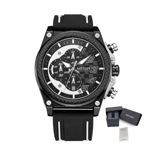 MEGIR Chronograph Watch Herr Militära armbandsur i silikon Vattentät datumklocka Toppmärke Quartz Watch Reloj Hombre 2051 Silver