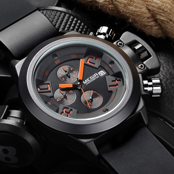 MEGIR Watch Lyx Sport Militärklockor Lysande Vattentät Quartz Armbandsur Klocka Chronograph reloj hombre 2002 Black