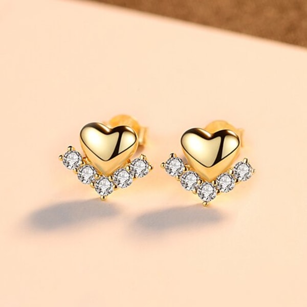 925 Silver Sterling solid heart örhängen för kvinnor med glänsande zirkon små örhängen fina smycken Brincos Yellow Gold Color