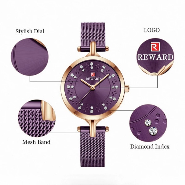 Damklocka Kvartsklocka Vattentät Rostfritt Stål Damklocka Armbandsur för Kvinnor Purple