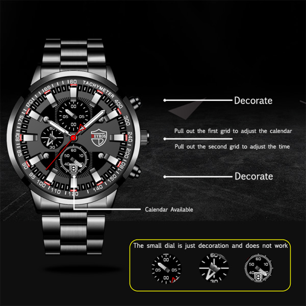 Lyxmärke Herr Företagsklockor Mode Herr Sport Vattentät rostfritt stål Quartz Watch självlysande klocka Steel Black Silver