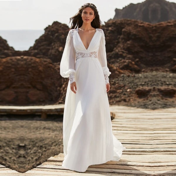 Elegant A Line Bröllopsklänningar 2023Chiffong Långärmad Brudklänning Djup V-ringad Applikation Boho Brudklänning För Kvinnor ivory 14