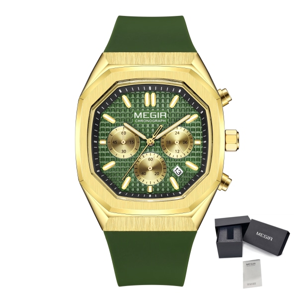 Herrklockor Lyx Casual Sport Kronograf Silikon Armé Militär Armbandsur Kalender Vattentät Kvarts Man Klocka 2215 GoldGreen