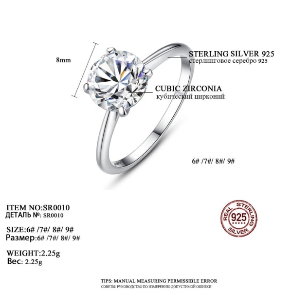 8 mm Rund Cubic Zirconia 925 Sterling Silver Ringar för bröllopssmycken för kvinnor Fina smycken Förlovningsring Silver Ring Kvinna White 6