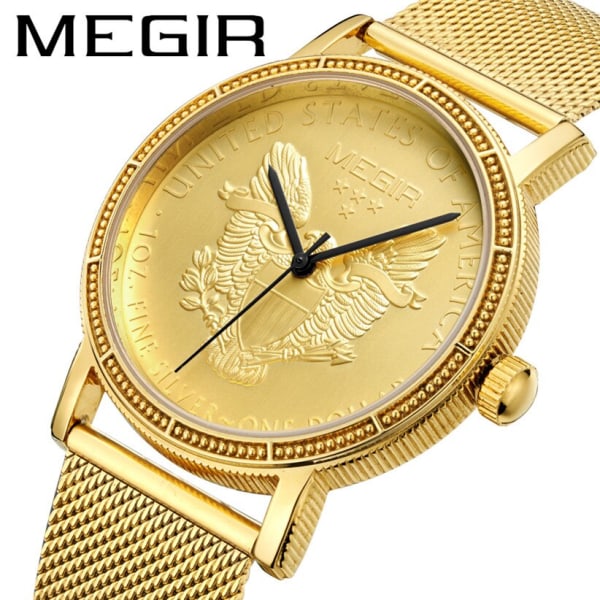 MEGIR Luxury Business Klockor för män Guld Stål Mesh Armband Herr Quartz Klockor Vattentät Watch Klocka Reloj Hombre 2032