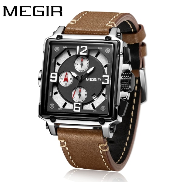 MEGIR Watch Lyx Herrklockor Rektangel Kvarts Militärklockor Lysande Vattentät Armbandsur Kalender Man Chronograph 2061 Brown