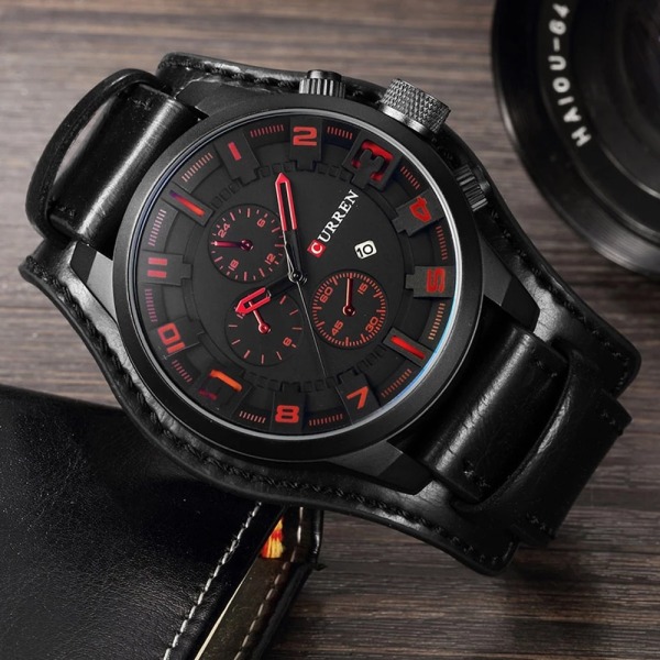 CURREN Watch för män Toppmärke Lyx Dejt Sport Militärklocka Läderrem Quartz Business Watch Relogio Masculino black red