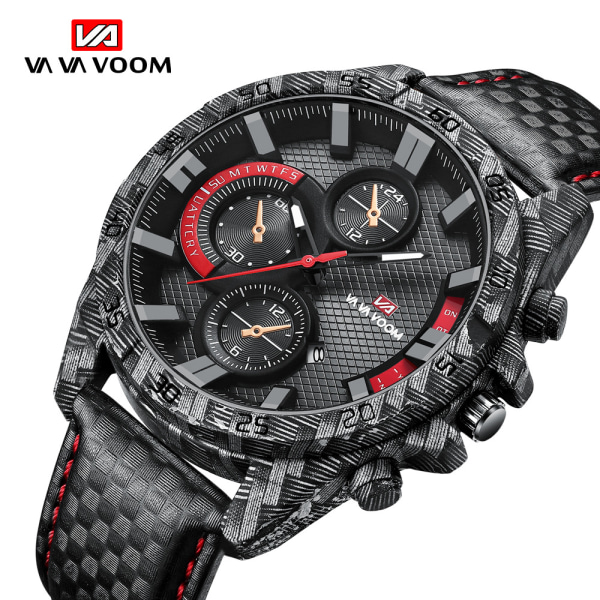 Va Va Voom Carbon Fiber Element Case Wristwatches Herrar Vattentät Utomhus Sportklocka 2164Gzp-RePlaidBeltRedFace