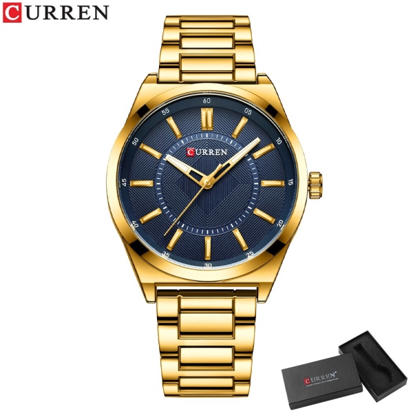 CURREN Märke Mode Lyx Sport Kvartsklocka Watch Armband i rostfritt stål Enkel Business Vattentät Klocka Reloj Hombre gold blue box