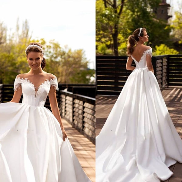 Elegant A Line Bröllopsklänning Enkel Spets O-hals Spets Applikationer Cap Brudklänning Rygglös Graceful Robe De Mariee 2023 White 12
