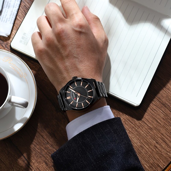 CURREN Klockor Herr Top Brand Lyx Quartz Classic Black Business Armbandsur Rostfritt stål Band Klocka Enkel black gold