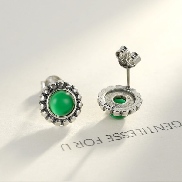 Söta thailändska silverblomformade örhängen för kvinnor Vintage svart och grön zirkon kvinnliga fina smycken julklapp Green