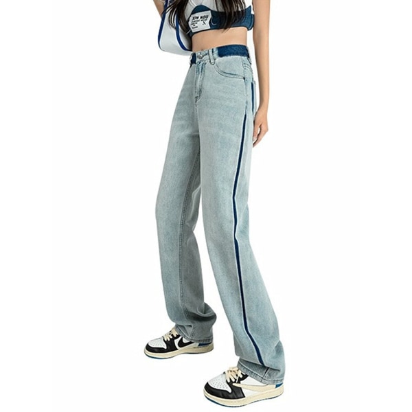 FINORD Sömnad Färg Vintage tvättade jeans med vida ben Dam koreanska Casual Streetwear-jeans med hög midja Lösa blå jeansbyxor Blue XS
