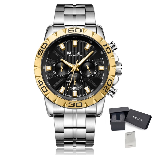 MEGIR Klockor Business Herrklockor Toppmärke Lyx Quartz Casual Armbandsur Date Clock Vattentät Watch Chronograph 2087 GoldSilver