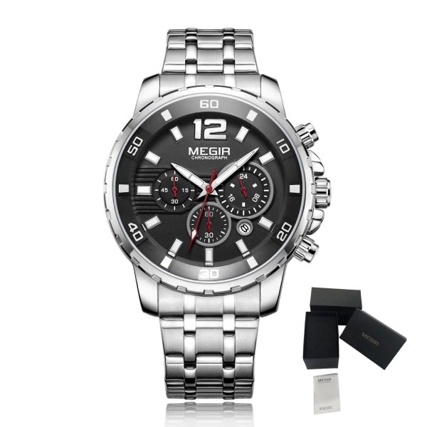 MEGIR Militärklockor i rostfritt stål för män Luxury Quartz Business Armbandsur Lysande Vattentät Date Clock Chronograph 2068 Silver