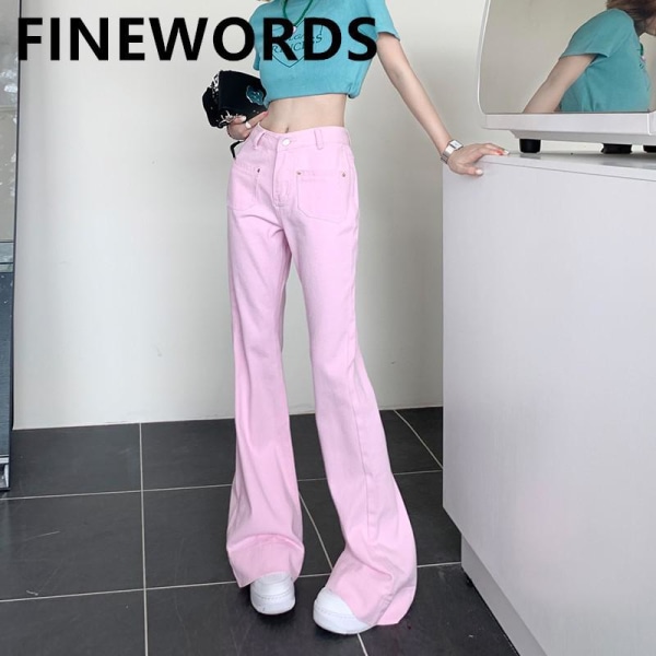 FINORD Retro Ljusrosa Bell Bottom Jeans Dam Med Pocket Streetwear Hög midja Baggy Jeans Lösa koreanska Flare jeansbyxor Pink L