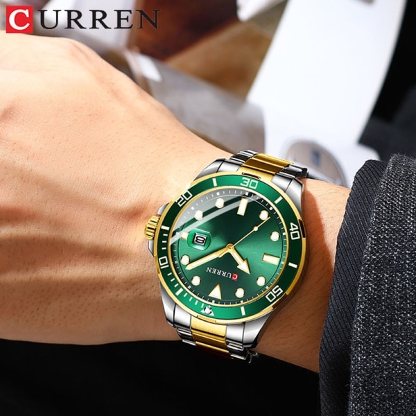 Relogio Masculino CURREN Toppmärke Lyxklocka Casual Watch i rostfritt stål Sport Vattentät Quartz Luminous Armbandsur gold green box