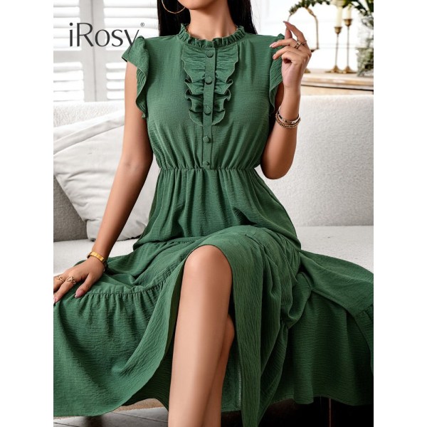 Grön kort volangärm för damer med knapp framtill stor svängig maxiklänning  dam 2023 Sommar Chic och elegant långa festklänningar Darkgreen M d091 |  Darkgreen | M | Fyndiq