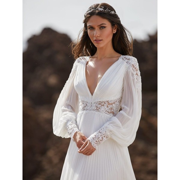 Elegant A Line Bröllopsklänningar 2023Chiffong Långärmad Brudklänning Djup V-ringad Applikation Boho Brudklänning För Kvinnor ivory 2
