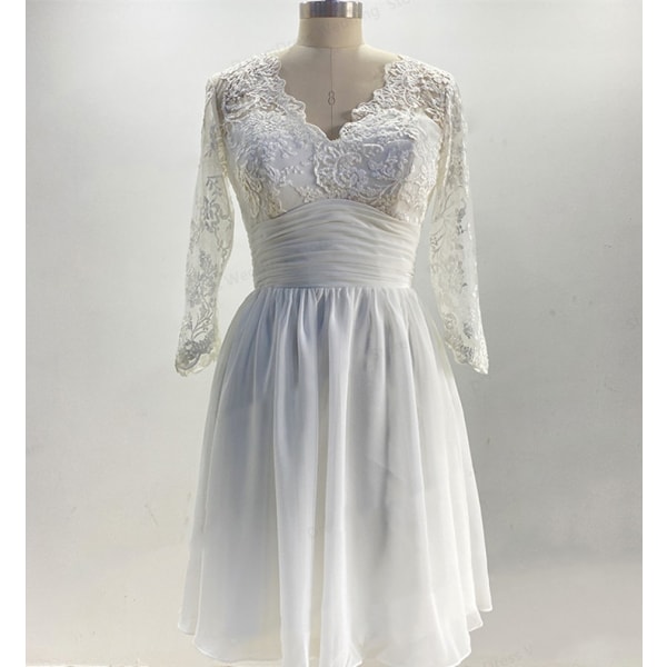Boho Elegant Korta Bröllopsklänningar 2023 V-hals Knälång Spets 3/4 långa ärmar Strandbrudklänningar Illusion Vestido De Novia White 14W
