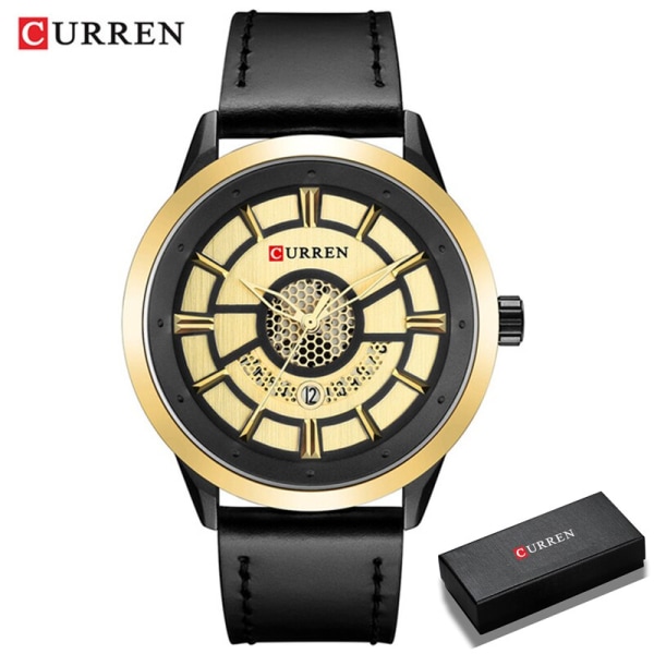 Relogio Homem 2021 Herrklockor CURREN Mode Watch Casual Calendar Armbandsur Läderklocka Man Analog Quartz Watch black  gold box