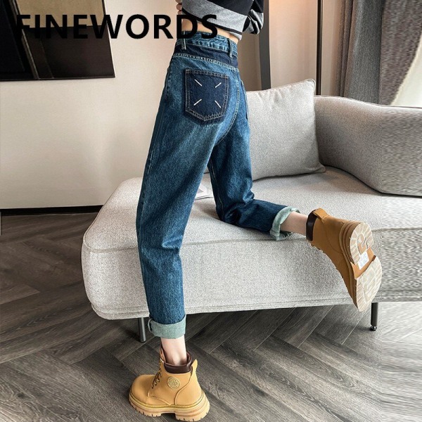 FINORDS Vintage Harem Denim Jeans Dam Korean Casual Streetwear Korean Jeans  Hög midja ryggficka Printed lösa jeans Blue M 2fd1 | Blue | M | Fyndiq
