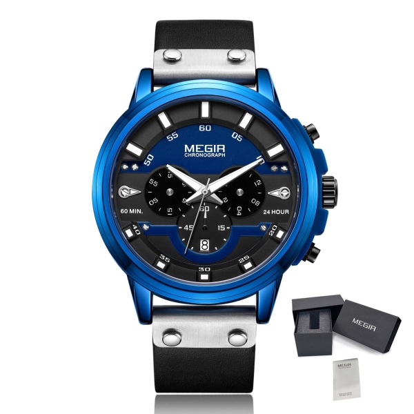 MEGIR Fashion Military Watches for Men Luxury Quartz Sport Watch Kalender Lysande ​Vattentät Man Clock Chronograph 2080 BlueBlack